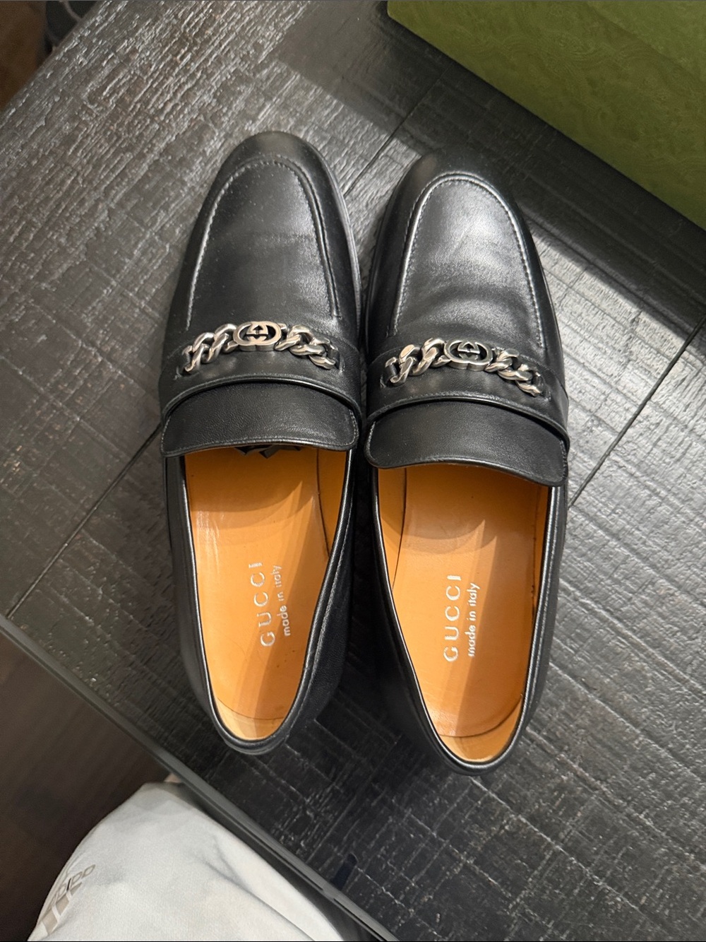 Gucci Black Leather Loafers with Silver Chain Detail - Picture 2 of 8